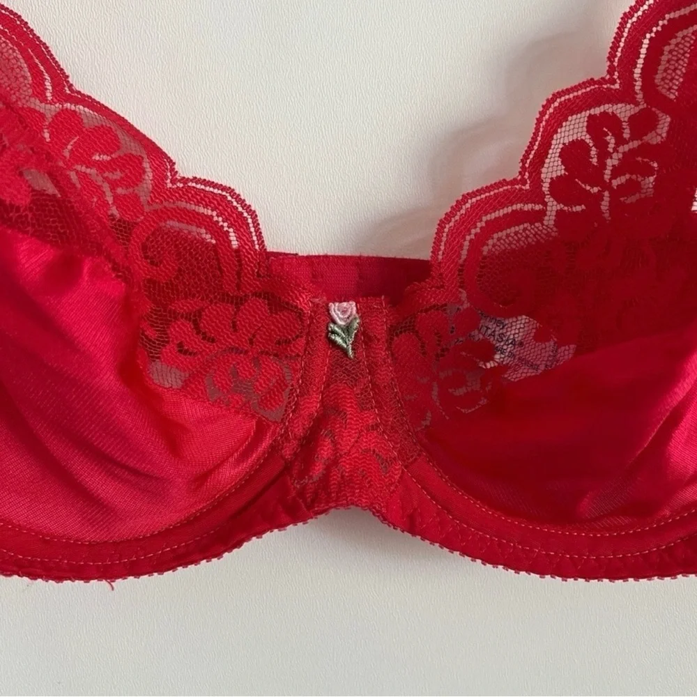 Vintage 90s JCPenney Fantasia Red Lace Underwire Bra Size 34C Romantic Lingerie - Picture 4 of 8